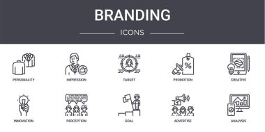 Markalaşma konsepti simgeleri ayarlandı. Web, logo, ui / ux, etki, promosyon, yenilik, hedef, reklam, analiz, yaratıcı, hedef gibi simgeler içerir