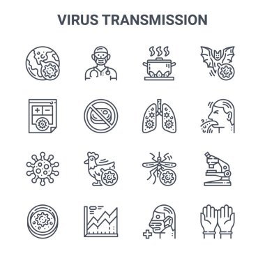 16 virüs iletim konsepti vektör çizgisi simgesi seti. 64x64 doktor, tıbbi rapor, kusmuk, sivrisinek, istatistik, lastik eldiven, tıbbi maske, enfeksiyon kapmış akciğerler,