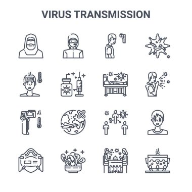 16 virüs iletim konsepti vektör çizgisi simgesi seti. 64x64 Hazmat, hasta, öksürük, virüs bulaşması, sebze, yemek pişirme, yemek pişirme, hasta, virüs gibi ince vuruş simgeleri