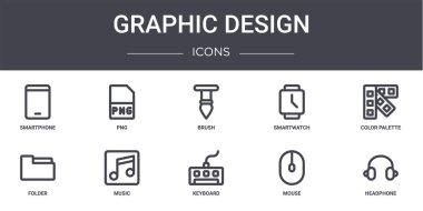 Grafik tasarım konsept çizgisi simgeleri ayarlandı. Web, logo, ui / ux, png, smartwatch, dizin, klavye, fare, kulaklık, renk paleti, fırça gibi simgeler içerir
