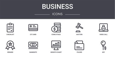 İş konsepti simgeleri ayarlandı. Web, logo, ui / ux, Cit kart, ihale, ödül, büyüme grafiği, klasör, anahtar, video çağrısı, bozuk para yığını gibi simgeler içerir