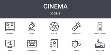 Sinema konsept çizgisi simgeleri. Web, logo, sahne, el feneri, ses, betik, komedi, vhs oynatıcı, uzaktan kumanda, deklanşör gibi simgeler içerir