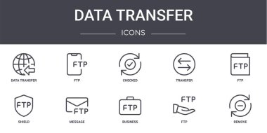 veri aktarım konsept çizgisi simgeleri ayarlandı. Web, logo, ui / ux, ftp, transfer, kalkan, iş, ftp, silme, ftp, işaretlenmiş gibi simgeler içerir