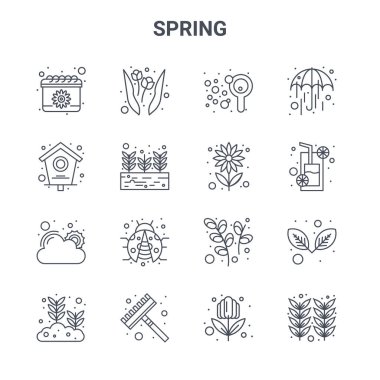 16 yay konsept vektör çizgisi simgesi. 64x64 İnce vuruş simgeleri bahçe, kuş evi, portakal suyu, bitkiler, tırmık, buğday, çiçek, çiçek, iyi hava