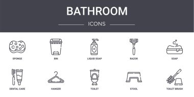 Banyo konsepti simgeleri ayarlandı. Ağ, logo, çöp kutusu, jilet, diş bakımı, tuvalet, dışkı, tuvalet fırçası, sabun, sıvı sabun gibi simgeler içerir