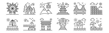 12 set doğrusal turizm ikonu. Plaj, tren, bagaj, köprü, teleferik, web sayfası, mobil gibi ince taslak simgeler