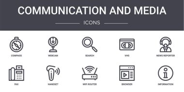 İletişim ve medya konsept çizgisi simgeleri ayarlandı. Web, logo, ui / ux, webcam, vhs, fax, wifi router, browser, information, news Reporter, search gibi simgeler içerir