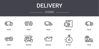 Dağıtım konsepti simgeleri ayarlandı. Web, logo, ui / ux, kamyon, teslim, kamyon, mesaj, zamanında, kamyon gibi simgeler içerir,