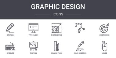 Grafik tasarım konsept çizgisi simgeleri ayarlandı. tipografi, klavye, çizim araçları, renk seçimi, fare, renk seçici, fotoğraf düzenleyici gibi web, logo, ui / ux gibi simgeler içerir