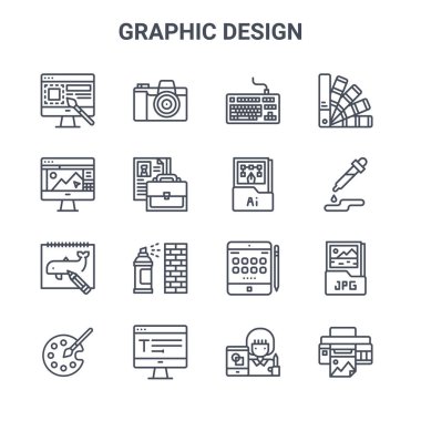 16 grafik tasarım konsept vektör çizgisi simgesi. Kamera, grafik de, renk seçimi, ipad tableti, tipografi, yazıcı, grafik de, ai dosyası, renkler gibi 64x64 ince vuruş simgeleri