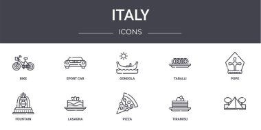 İtalya konsept çizgisi simgeleri ayarlandı. Web, logo, ui / ux, spor araba, taralli, çeşme, pizza, tiramisu, papa, gondol gibi simgeler içerir.