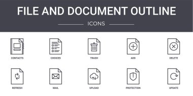 dosya ve belge taslak konsept çizgisi simgeleri ayarlandı. Web, logo, ui / ux gibi seçenekler için kullanılabilir simgeler içerir, ekle, tazele, yükle, yükle, güncelle, sil, çöp