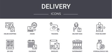 Dağıtım konsepti simgeleri ayarlandı. Web, logo, ui / ux, saat, teslimatçı, qr kodu, zarf, süpermarket, hidroalkolik jel, yiyecek teslimatı, izleme gibi simgeler içerir