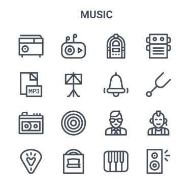 16 müzik konsepti vektör çizgisi simgesi. mpplayer, mp file, diapason, mod, albüm, hoparlör, piyano, zil, pedal gibi 64x64 ince vuruş simgeleri