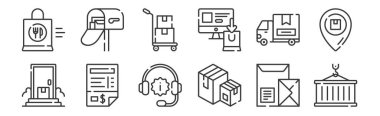 12 tane doğrusal dağıtım simgesi. Konteynır, kutu, fatura, dağıtım kamyonu, el arabası, internet için posta kutusu, cep telefonu gibi ince taslak simgeleri