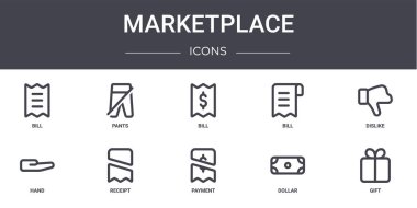 Pazar yeri konsepti simgeleri ayarlandı. Web, logo, ui / ux, pantolon, fatura, el, ödeme, dolar, hediye, sevmeme gibi simgeler içerir