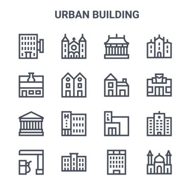 16 kentsel yapı konsept vektör çizgisi simgesi. 64x64 Katedral, laboratuvar, bar, turizm bürosu, lise, cami, iş merkezi, ev, üniversite gibi ince vuruş simgeleri