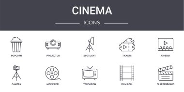 Sinema konsept çizgisi simgeleri. Web, logo, projektör, bilet, kamera, televizyon, film rulosu, klaket, sinema, spot ışığı gibi simgeler içerir