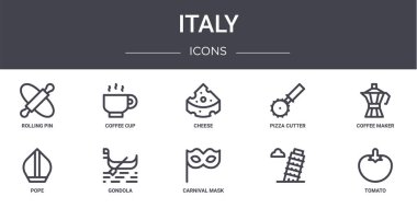 İtalya konsept çizgisi simgeleri ayarlandı. Web, logo, ui / ux, kahve fincanı, pizza kesicisi, papa, karnaval maskesi, domates, kahve makinesi, peynir gibi simgeler içerir