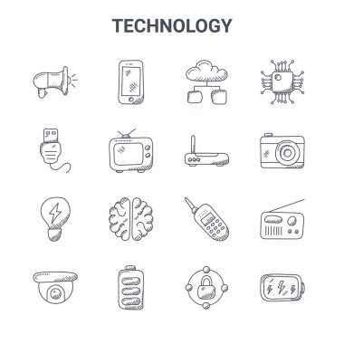 16 teknoloji konsept vektör çizgisi simgesi. 64x64 cep telefonu, usb konnektörü, kamera, kablosuz telefon, pil, ağ, modem, işlemci gibi ince vuruş simgeleri