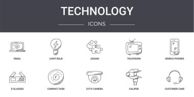 Teknoloji konsepti simgeleri ayarlandı. Web, logo, ui / ux, ampul, televizyon, d gözlükleri, CCTV kamerası, kalibre, müşteri bakımı, cep telefonu, yapboz gibi simgeler içerir