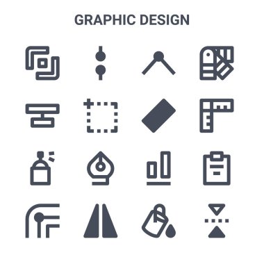 16 grafik tasarım konsept vektör çizgisi simgesi. 64x64 ince vuruş simgeleri, düğümler, hizala, ölç, hizala, çevir, çevir, boya kovası, cetvel, paletler gibi