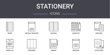 Kırtasiye konsepti simgeleri ayarlandı. Web, logo, ui / ux, dikey zarf, kontrol listesi, ataç, ajanda, zarf, yapışkan not, not defteri gibi simgeler içerir