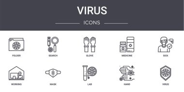 Virüs konsepti simgeleri ayarlandı. Ağ, logo, arama, ilaç, çalışma, laboratuvar, el, virüs, hastalık, eldiven gibi kullanılabilir simgeler içerir