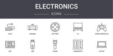Elektronik konsept çizgi simgeleri ayarlandı. Web, logo, ui / ux, hoparlör, TV, GPS, jilet, termostat, dizüstü bilgisayar, oyun denetleyici, düğmeler gibi simgeler içerir