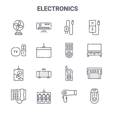 16 elektronik konsept vektör çizgisi simgesi. 64x64 Klima, uzaktan kumanda, TV, telsiz, traş makinesi, saç kurutma makinesi, uzaktan kumanda, güç bankası gibi ince vuruş simgeleri