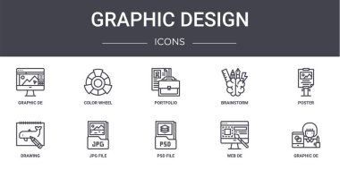 Grafik tasarım konsept çizgisi simgeleri ayarlandı. Web, logo, ui / ux, renk tekeri, beyin fırtınası, çizim, psd dosyası, web de, grafik de, poster, portföy gibi simgeler içerir
