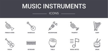 Müzik aletleri konsept çizgi simgeleri ayarlandı. Web, logo, ui / ux, mandolin, trompet, keman, tabla, müzik notaları, davul, harp, mikrofon gibi simgeler içerir