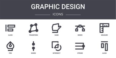 Grafik tasarım konsept çizgisi simgeleri ayarlandı. Web, logo, ui / ux, dönüşüm, düğüm, kalem, kesişme, sıralama, ölçüm, el gibi simgeler içerir