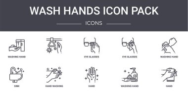El yıkama ikonu konsept çizgisi simgeleri ayarlandı. Web, logo, ui / ux gibi simgeler içerir, gözlük, lavabo, el, el yıkama, gözlük yıkama