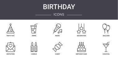 Doğum günü konsepti simgeleri ayarlandı. Web, logo, içecek, dekorasyon, davetiye, şeker, doğum günü pastası, kokteyl, balon, müzik gibi simgeler içerir