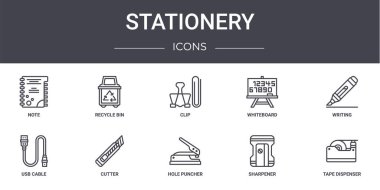 Kırtasiye konsepti simgeleri ayarlandı. Web, logo, ui / ux, geri dönüşüm kutusu, beyaz tahta, usb kablosu, delik açıcı, bileyici, bant kesicisi, yazma, klipsleme gibi simgeler içerir