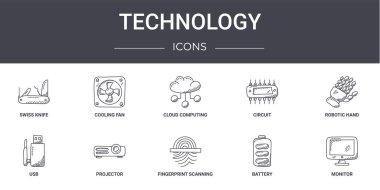Teknoloji konsepti simgeleri ayarlandı. Web, logo, soğutma vantilatörü, devre, usb, parmak izi taraması, pil, monitör, robot el, bulut bilgisayarı gibi simgeler içerir