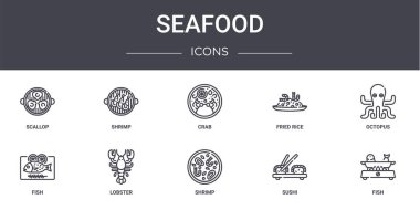 Deniz ürünleri konsepti simgeleri ayarlandı. Ağ, logo, karides, kızarmış pirinç, balık, karides, suşi, balık, ahtapot, yengeç gibi simgeler içerir.