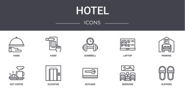 Otel konsept çizgisi simgeleri ayarlandı. Web, logo, el bilgisayarı, sıcak kahve, anahtar kart, yatak odası, terlik, park yeri, dambıl gibi simgeler içerir