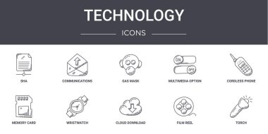Teknoloji konsepti simgeleri ayarlandı. Web, logo, ui / ux, iletişim, multimedya seçeneği, hafıza kartı, bulut indirme, film makarası, meşale, kablosuz telefon, gaz maskesi gibi simgeler içerir