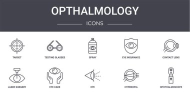Optalmoloji konsept çizgisi simgeleri ayarlandı. Web, logo, gözlük, göz sigortası, lazer ameliyatı, göz, hiperopya, göz merceği, sprey gibi kullanılabilir simgeler içerir