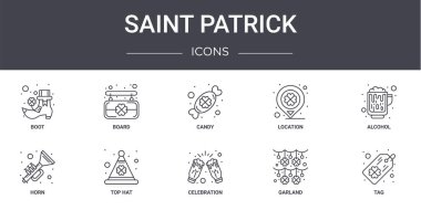 Aziz Patrick konsept çizgisi simgeleri ayarlandı. Web, logo, tahta, konum, boynuz, kutlama, çelenk, etiket, alkol, şeker gibi simgeler içerir