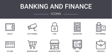 Bankacılık ve finans konsept çizgisi simgeleri ayarlandı. Web, logo, ui / ux, kamera, hesap makinesi, cit kart, mağaza, kasa, portföy, pos terminal, kilit gibi simgeler içerir
