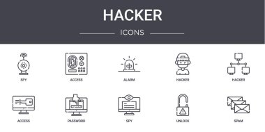 Hacker konsept çizgisi simgeleri ayarlandı. Web, logo, ui / ux, erişim, hacker, erişim, casus, kilidi aç, spam, hacker, alarm gibi simgeler içerir