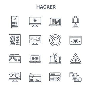 16 hacker konsept vektör çizgisi simgesi. 64x64 Virüs, erişim, alarm, hacker, şifreleme, kişisel veriler, güvenlik duvarı, radar, siber güvenlik gibi ince vuruş simgeleri