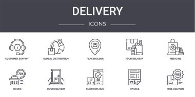 Dağıtım konsepti simgeleri ayarlandı. Web, logo, ui / ux, küresel dağıtım, yemek teslimatı, saatler, doğrulama, fatura, ücretsiz dağıtım, ilaç, yer tutucu gibi simgeler içerir