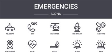 Acil durum konsept çizgisi simgeleri ayarlandı. Web, logo, ui / ux, sos, itfaiye musluğu, yer tutucu, kibrit, alarm, siren, kelepçe, helikopter gibi simgeler içerir