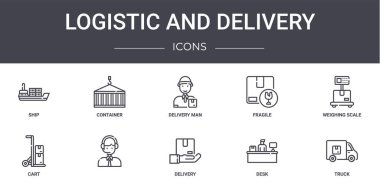 Lojistik ve dağıtım konsept çizgisi simgeleri ayarlandı. Web, logo, konteynır, kırılgan, el arabası, teslimat, masa, kamyon, tartı, teslimatçı gibi simgeler içerir