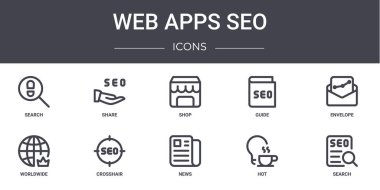 Web uygulamaları seo konsept çizgi simgeleri ayarlandı. Web, logo, ui / ux, dünya çapında paylaşım, haber, sıcak, arama, zarf, mağaza gibi simgeler içerir