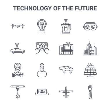 Gelecekteki konsept vektör çizgisi simgelerinin 16 teknolojisinden oluşan bir set. Uzay gemisi, otonom araba, fütüristik, uçan araba, sanal gerçeklik, robotik kol, uav, smarthome, vr gibi 64x64 ince vuruş simgeleri